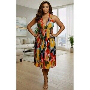 Calvin Klein Women's Colorful Halter Neck Pleated Midi Dress 4 Dopamine